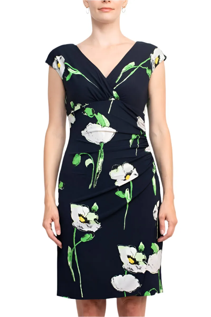 Catherine Malandrino V-Neck Sleeveless Gathered Side Floral Print Jersey Dress